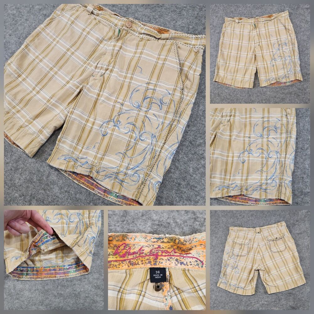Robert Graham Mens Size 36 Plaid Embroidered Cargo Shorts Flip Cuff Pockets READ